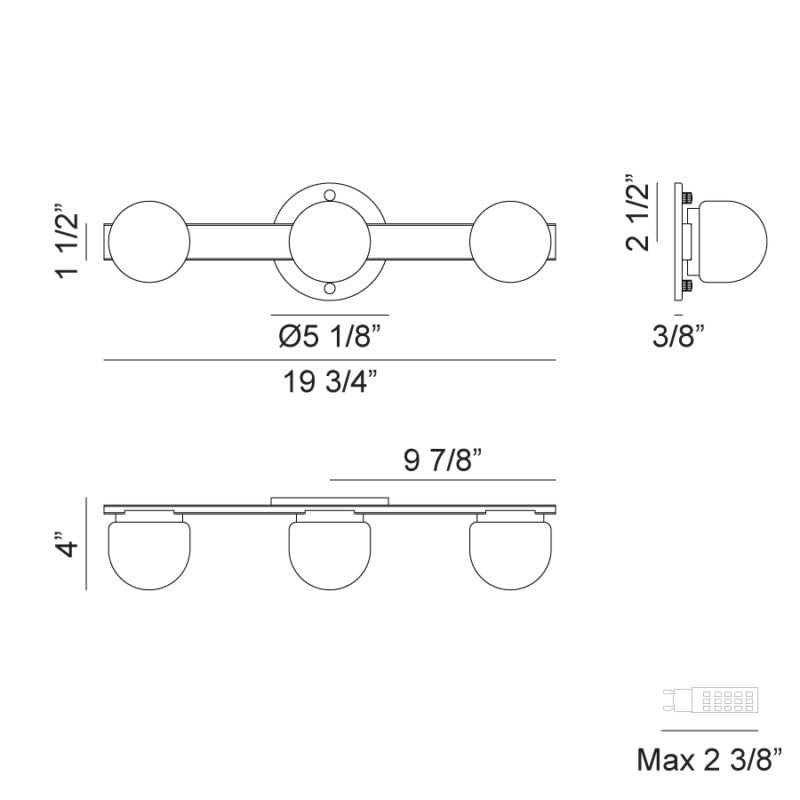Matteo Lighting Pizzazz 20" 3-Light Bath Vanity Light – line drawing with dimensions