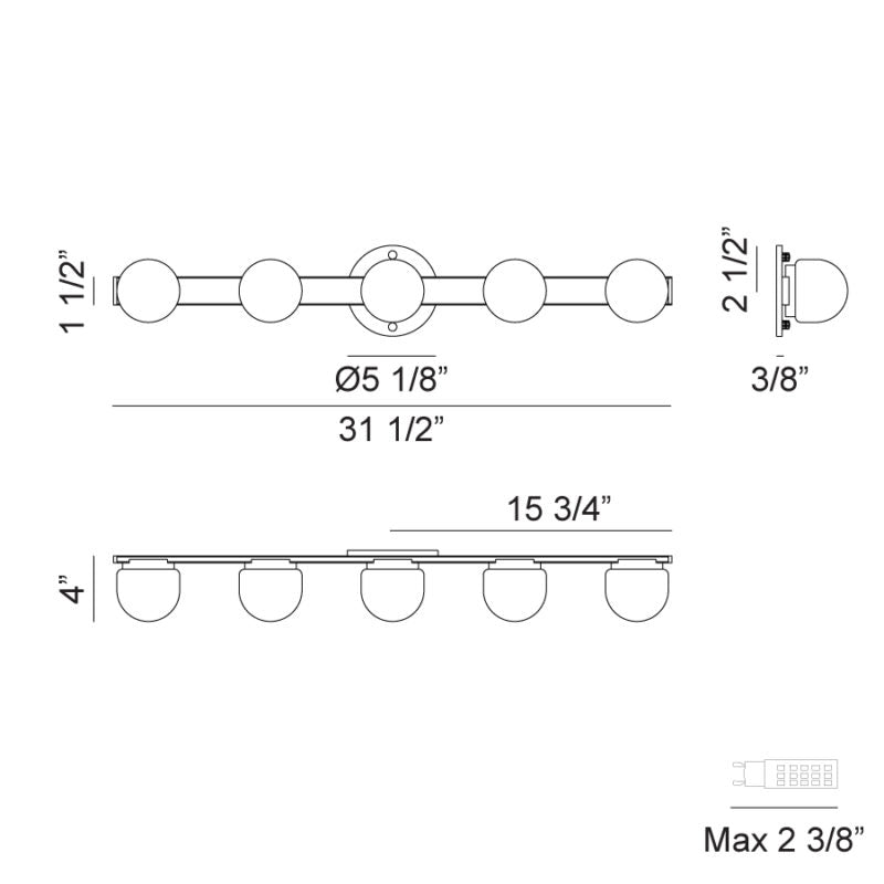 Matteo Lighting Pizzazz 32" 5-Light Bath Vanity Light – line drawing with dimensions