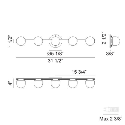 Matteo Lighting Pizzazz 32" 5-Light Bath Vanity Light – line drawing with dimensions