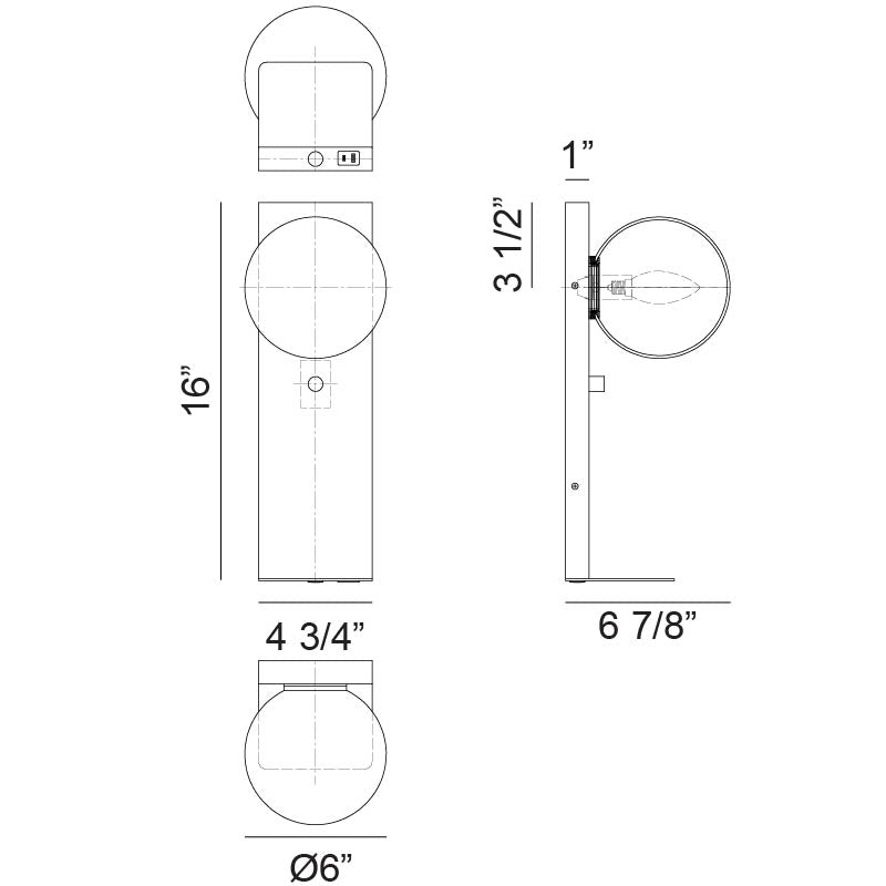 Matteo Lighting Stanley 16" Wall Sconce with USB – line drawing with dimensions
