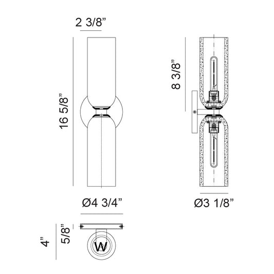 Matteo Lighting Jules 17" 2-Light Bath Vanity Light – line drawing with dimensions