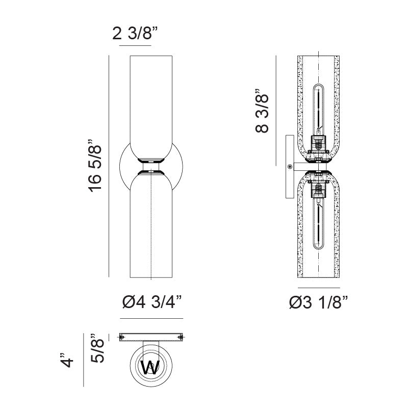 Matteo Lighting Jules 17" 2-Light Bath Vanity Light – line drawing with dimensions