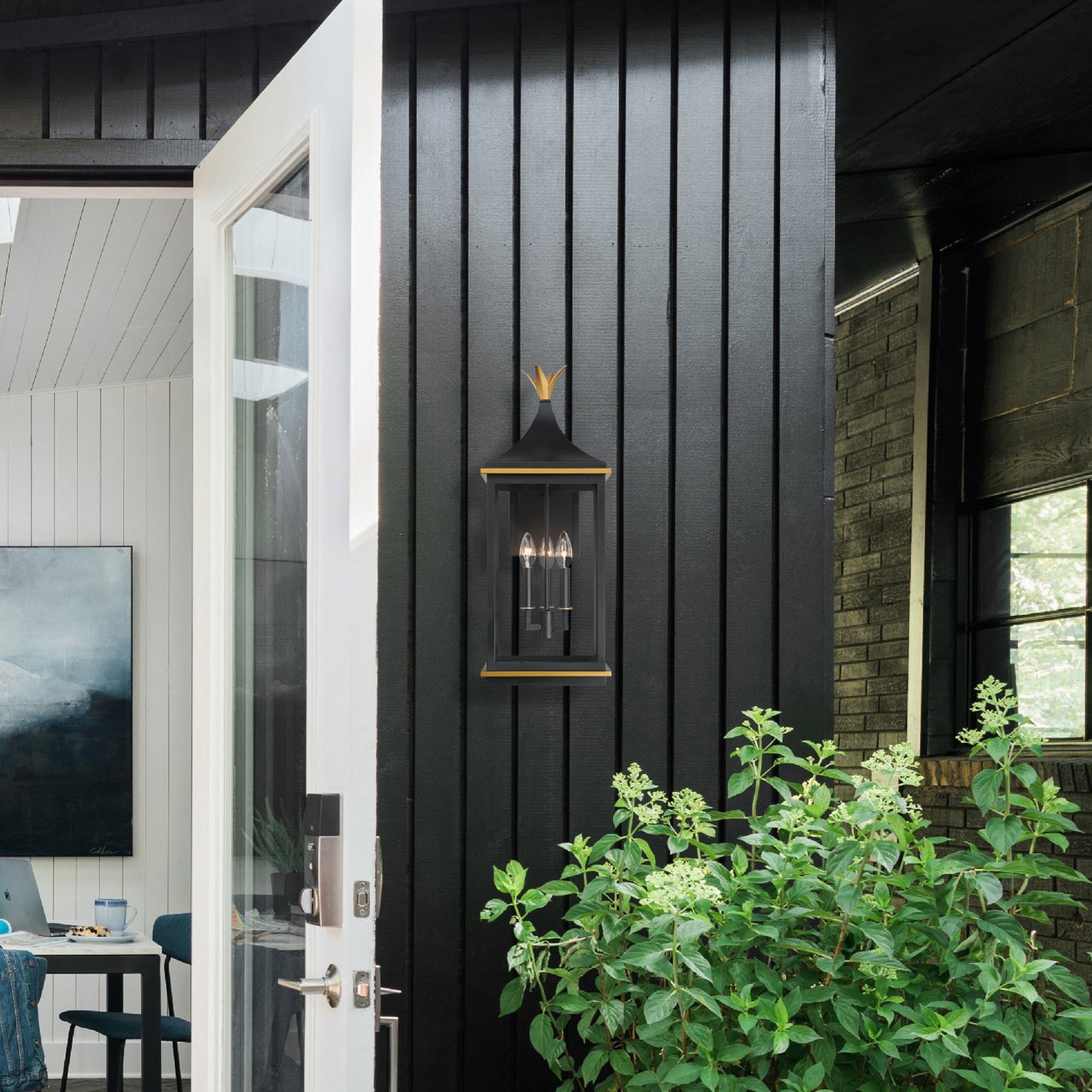 Simpson 3 Light Matte Black + Textured Gold Outdoor Sconce