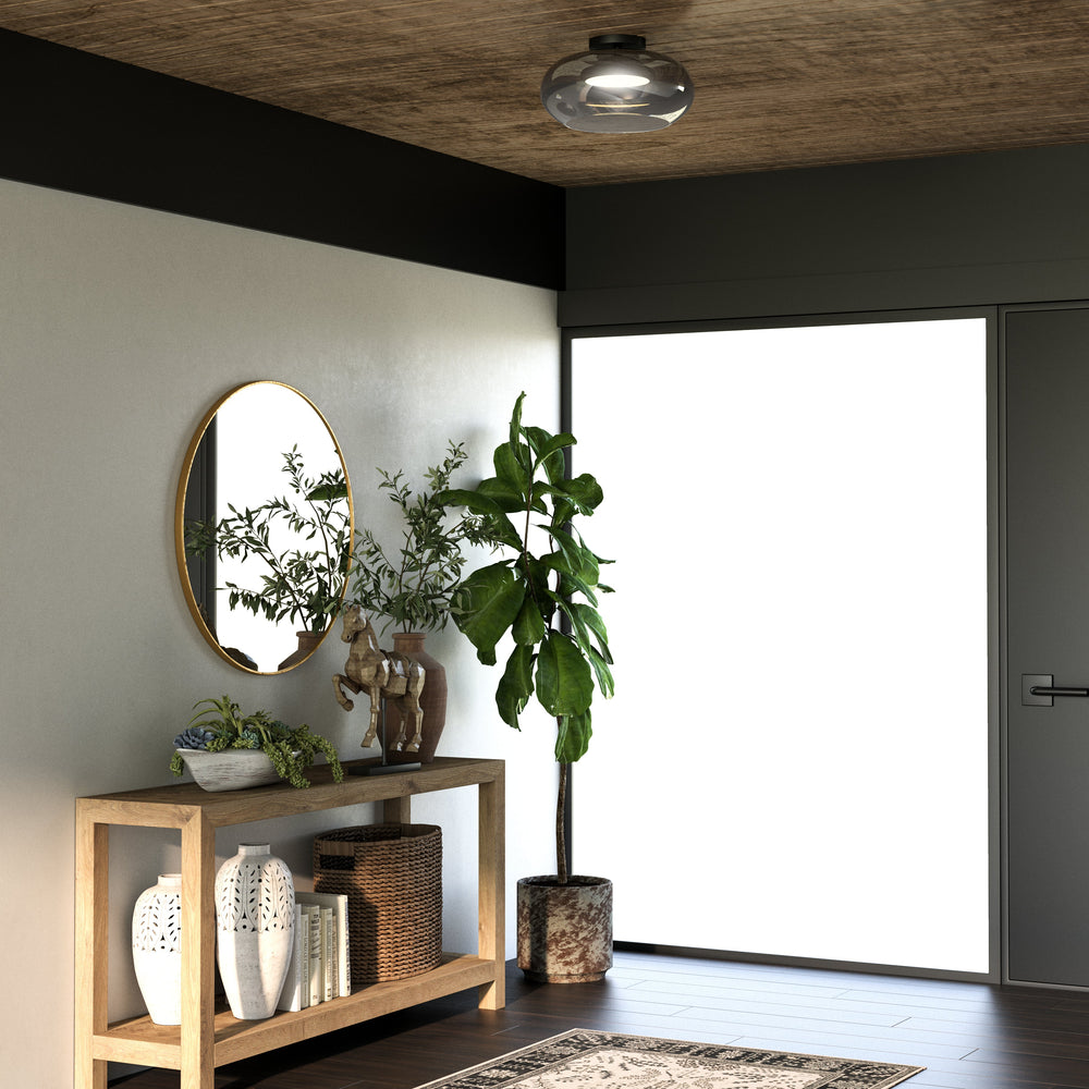 Bohemian styled entryway with a console table against the wall, a green fig plant, and a semi flush mount in the center.