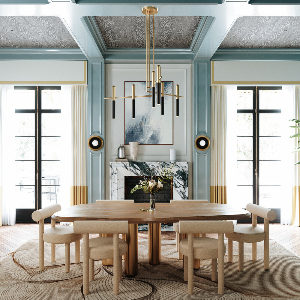 Midcentury style dining room with wooden table and chairs, light blue walls, and large windows.