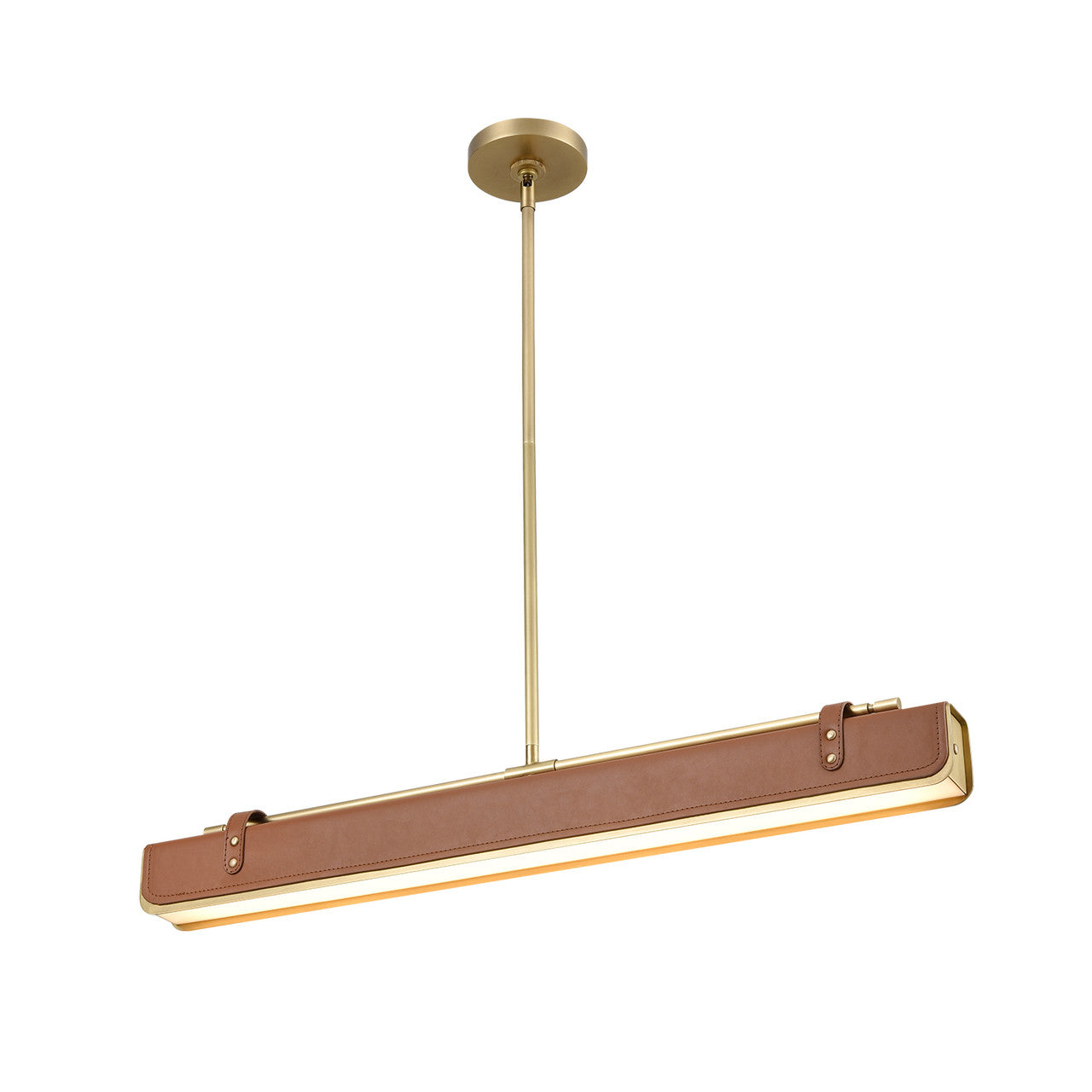 Alora Lighting Valise 31-in LED Linear Chandelier Vintage Brass, Cognac Leather