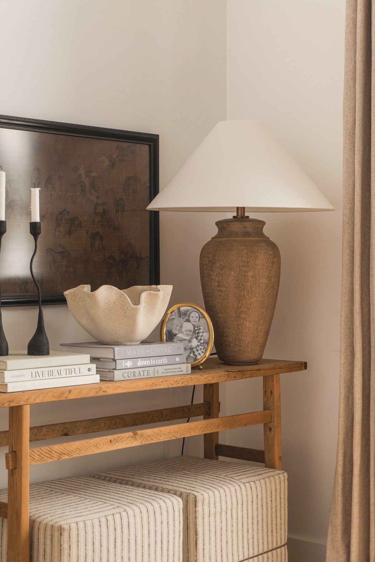 Troy Vessel Table Lamp Patina Brass / Ceramic Textural Umber Detail 4