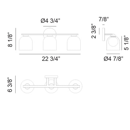 Matteo Lighting Derbishone 23" 3-Light Bath Vanity Light – line drawing with dimensions