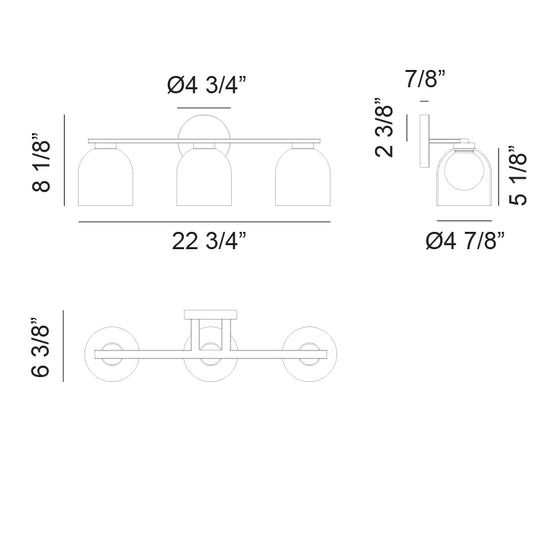 Matteo Lighting Derbishone 23" 3-Light Bath Vanity Light – line drawing with dimensions