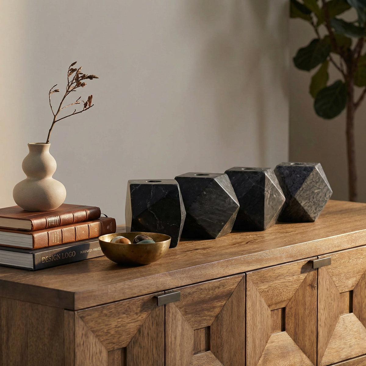 Noir Polyhedron Decorative Candle Holder Set of 4 Waxed Black styled in an interior setting