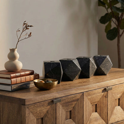 Noir Polyhedron Decorative Candle Holder Set of 4 Waxed Black styled in an interior setting