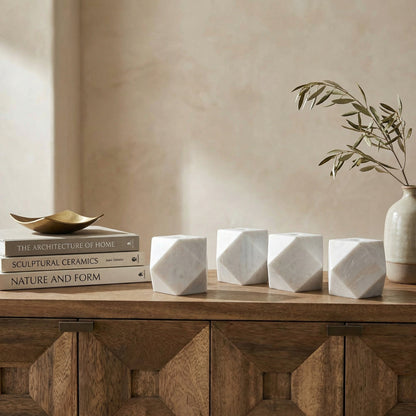 Noir Polyhedron Decorative Candle Holder Set of 4 Waxed White styled in an interior setting