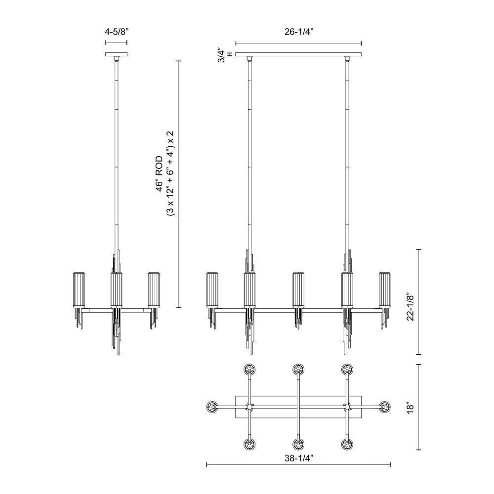 Alora Lighting Torres Linear Pendant, 6-Light, Polished Nickel, Ribbed Glass, 38.25"L (LP335838PNCR 706WPCR)