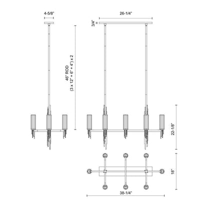 Alora Lighting Torres Linear Pendant, 6-Light, Polished Nickel, Ribbed Glass, 38.25"L (LP335838PNCR 706WPCR)