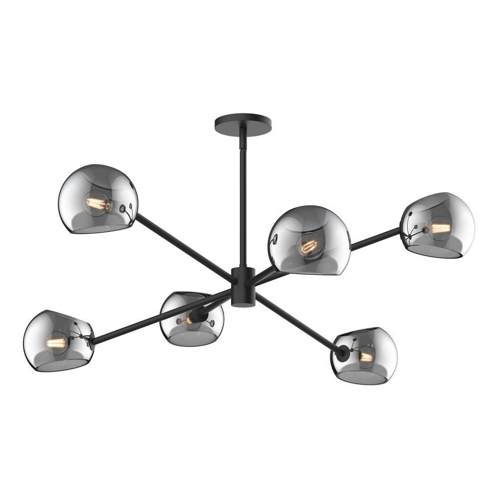 Alora Lighting Willow Chandelier, 6-Light, Matte Black, Smoked Solid Glass, 37"D