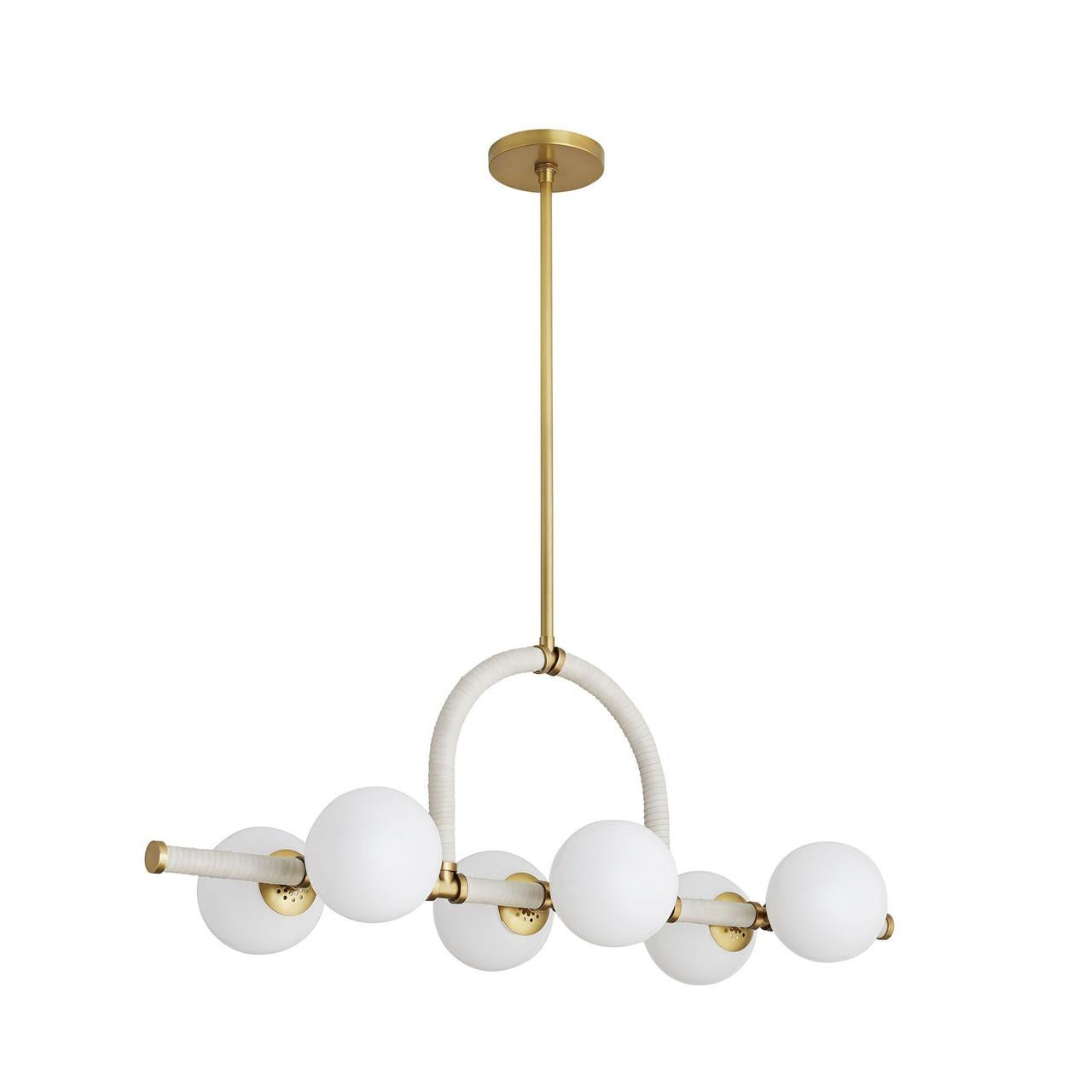 Arteriors Home Harrison Linear Chandelier, 6-Light, Antique Brass, Cream Leather, Opal Glass, 42"W (89467 3MPKW)