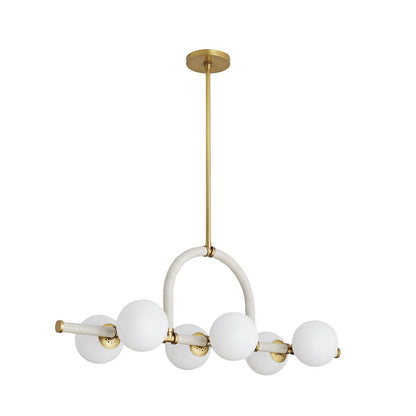 Arteriors Home Harrison Linear Chandelier, 6-Light, Antique Brass, Cream Leather, Opal Glass, 42"W (89467 3MPKW)