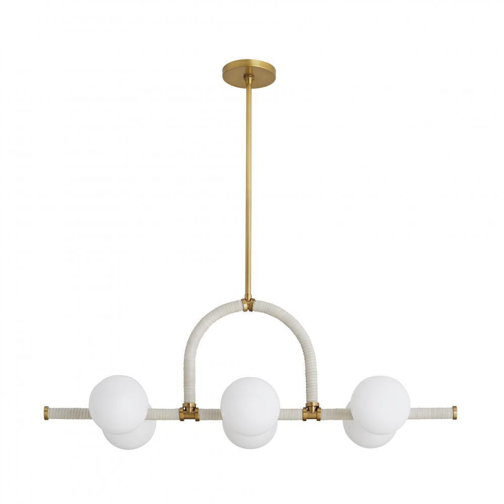 Arteriors Home Harrison Linear Chandelier, 6-Light, Antique Brass, Cream Leather, Opal Glass, 42"W (89467 3MPKW)