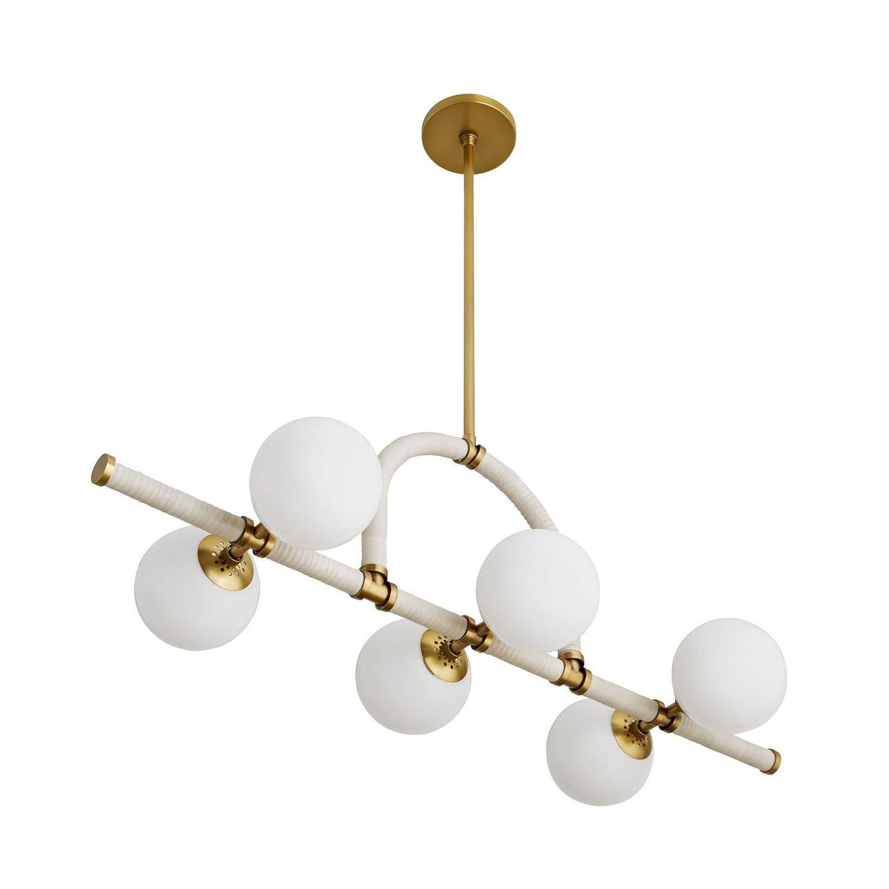 Arteriors Home Harrison Linear Chandelier, 6-Light, Antique Brass, Cream Leather, Opal Glass, 42"W (89467 3MPKW)