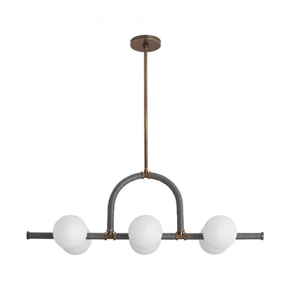 Arteriors Home Harrison Linear Chandelier, 6-Light, Heritage Brass, Graphite Leather, Opal Glass, 42"W (89469 3MPKX)