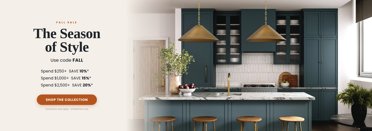Fall sale promotion featuring a stylish teal kitchen with marble countertops, brass pendant lights, and wooden stools, alongside “The Season of Style” discount offer.