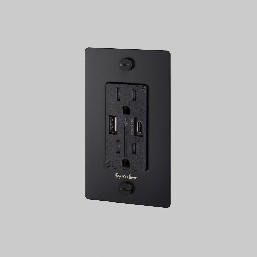 Buster + Punch 1G Combination Duplex Outlet And Usb-A + C Charger, With Logo, Black