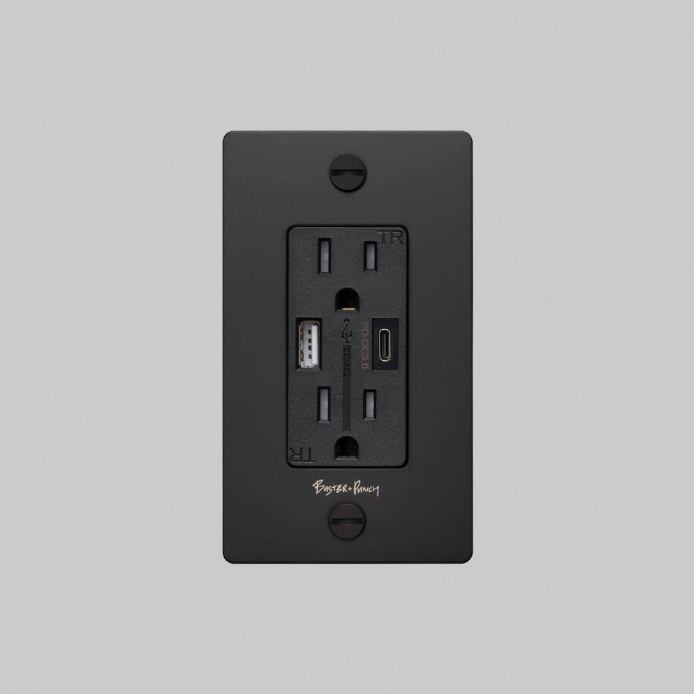 Buster + Punch 1G Combination Duplex Outlet And Usb-A + C Charger, With Logo, Black