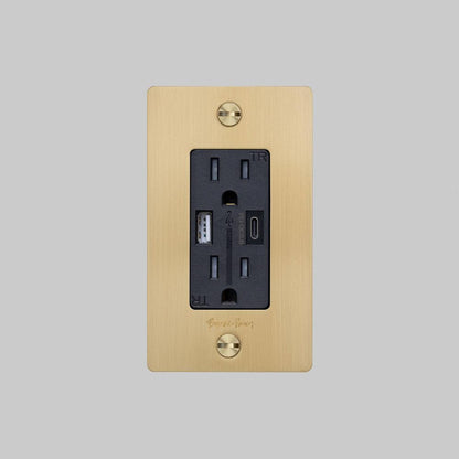 Buster + Punch 1G Combination Duplex Outlet And Usb-A + C Charger, With Logo, Brass