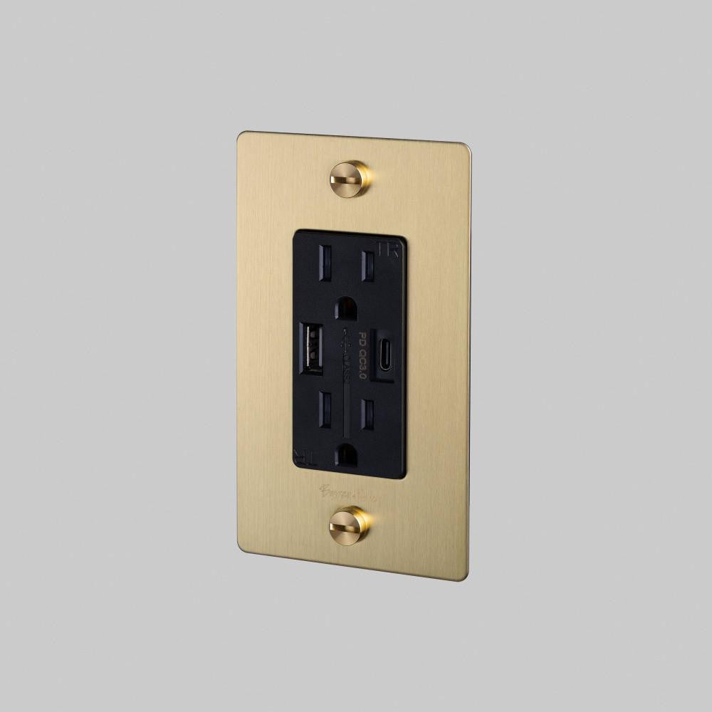 Buster + Punch 1G Combination Duplex Outlet And Usb-A + C Charger, With Logo, Brass