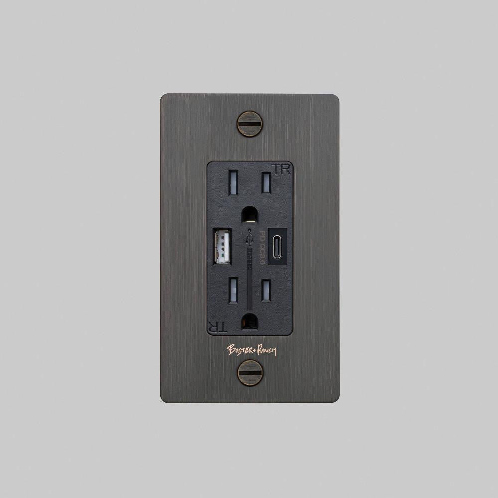 Buster + Punch 1G Combination Duplex Outlet And Usb-A + C Charger, With Logo, Smoked Bronze