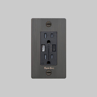 Buster + Punch 1G Combination Duplex Outlet And Usb-A + C Charger, With Logo, Smoked Bronze