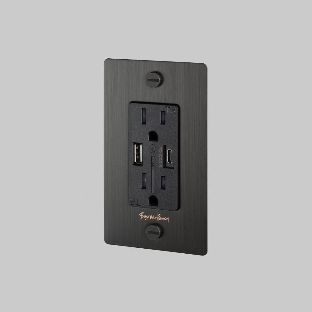 Buster + Punch 1G Combination Duplex Outlet And Usb-A + C Charger, With Logo, Smoked Bronze