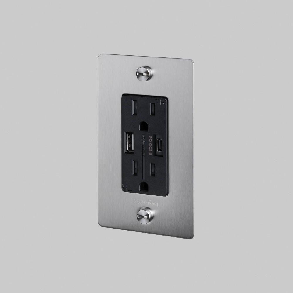 Buster + Punch 1G Combination Duplex Outlet And Usb-A + C Charger, With Logo, Steel