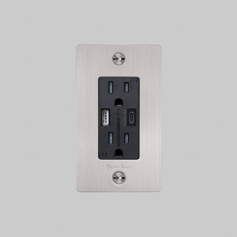 Buster + Punch 1G Combination Duplex Outlet And Usb-A + C Charger, With Logo, Steel