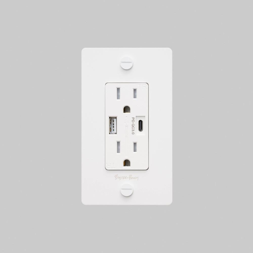 Buster + Punch 1G Combination Duplex Outlet And Usb-A + C Charger, With Logo, White
