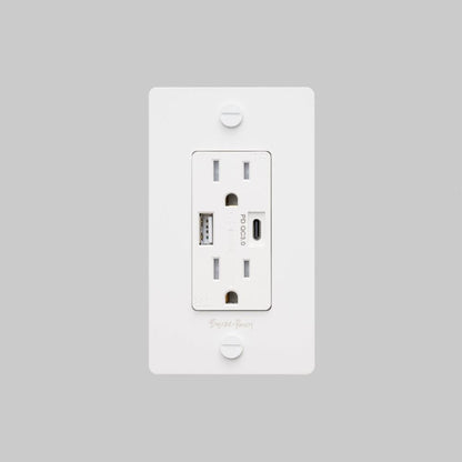 Buster + Punch 1G Combination Duplex Outlet And Usb-A + C Charger, With Logo, White