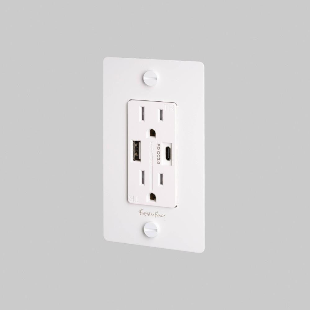 Buster + Punch 1G Combination Duplex Outlet And Usb-A + C Charger, With Logo, White