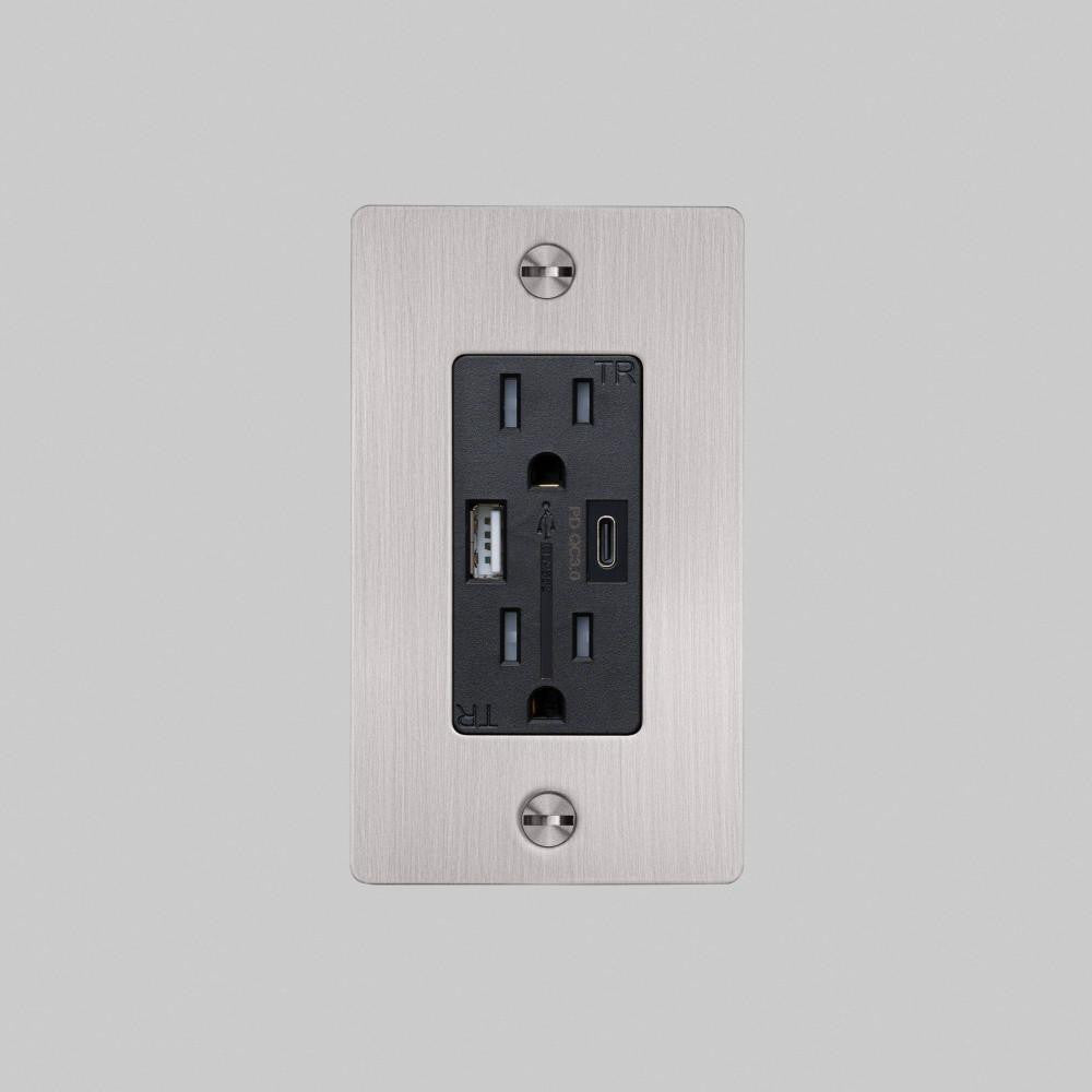 Buster + Punch 1G Combination Duplex Outlet And Usb-A + C Charger, Without Logo, Steel