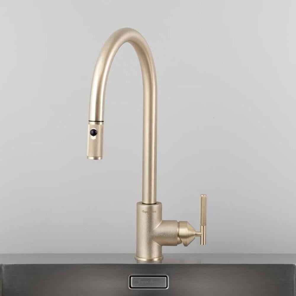Buster + Punch Kitchen Faucet, Pull-Out With Dual Spray, Linear, Brass