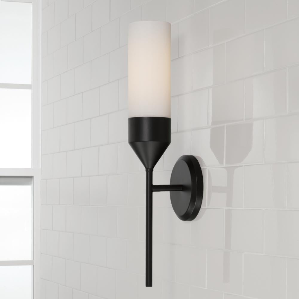 Capital 1-Light Cylindrical Sconce in Matte Black with Soft White Glass