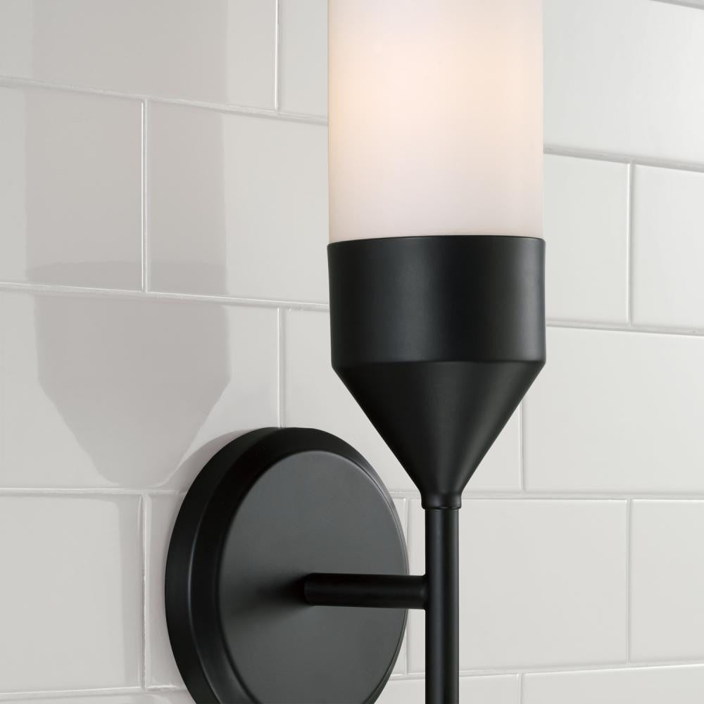 Capital 1-Light Cylindrical Sconce in Matte Black with Soft White Glass