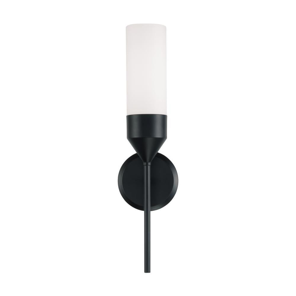 Capital 1-Light Cylindrical Sconce in Matte Black with Soft White Glass