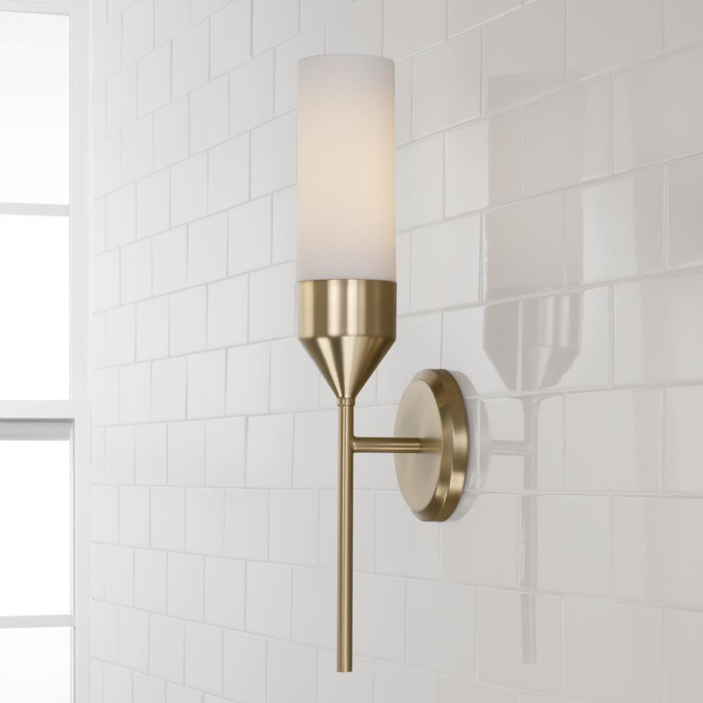 Capital 1-Light Cylindrical Sconce in Matte Brass with Soft White Glass