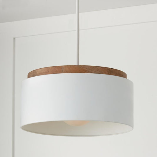 Capital 1-Light Drum Pendant in White with Mango Wood and Matte White Metal Shade
