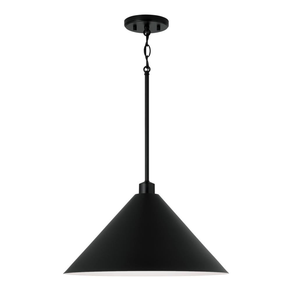 Capital 1-Light Metal Cone Pendant in Matte Black with White Interior