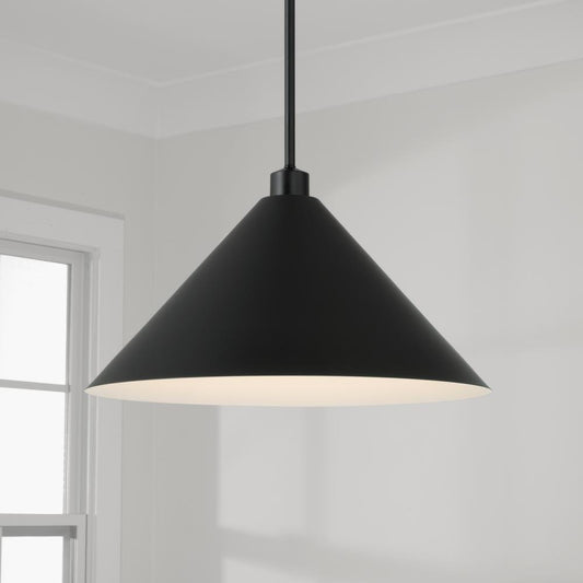 Capital 1-Light Metal Cone Pendant in Matte Black with White Interior