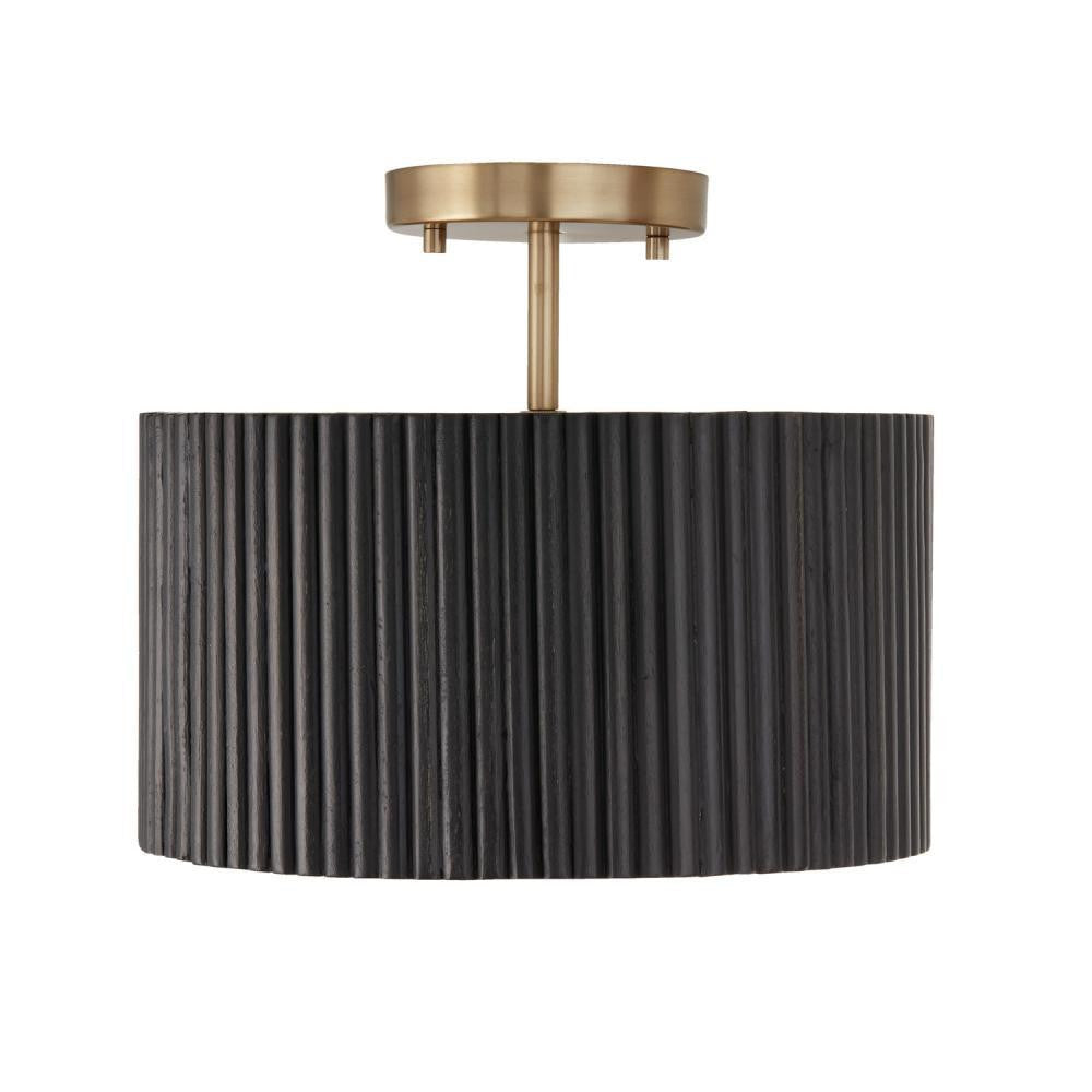 Capital 1-Light Semi-Flush Pendant in Matte Brass and Handcrafted Mango Wood in Black Stain