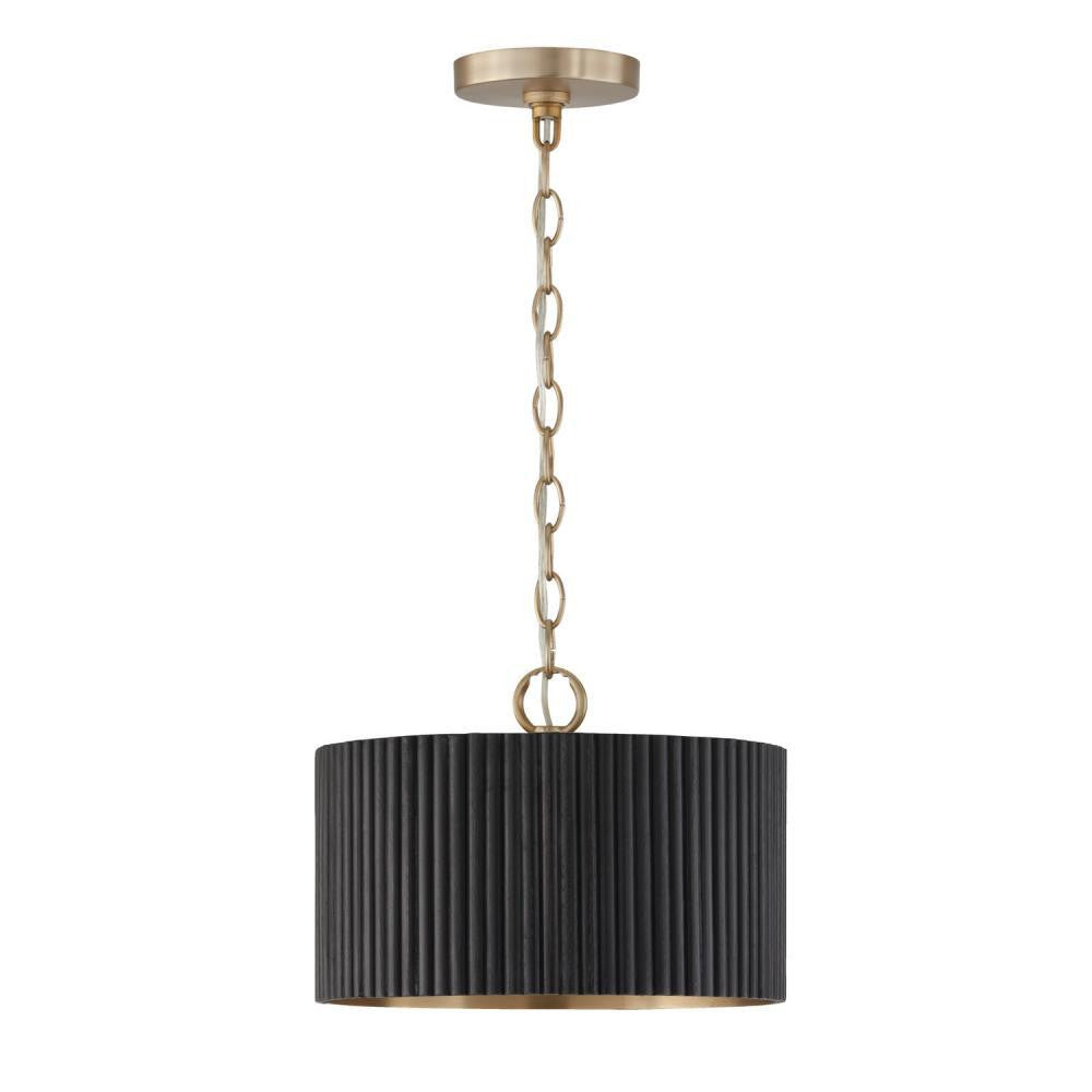 Capital 1-Light Semi-Flush Pendant in Matte Brass and Handcrafted Mango Wood in Black Stain