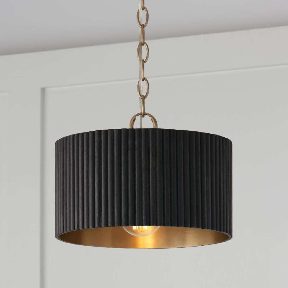 Capital 1-Light Semi-Flush Pendant in Matte Brass and Handcrafted Mango Wood in Black Stain