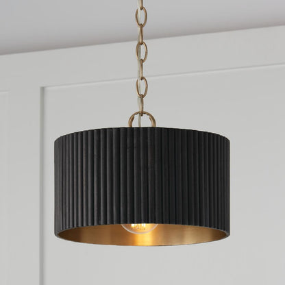 Capital 1-Light Semi-Flush Pendant in Matte Brass and Handcrafted Mango Wood in Black Stain